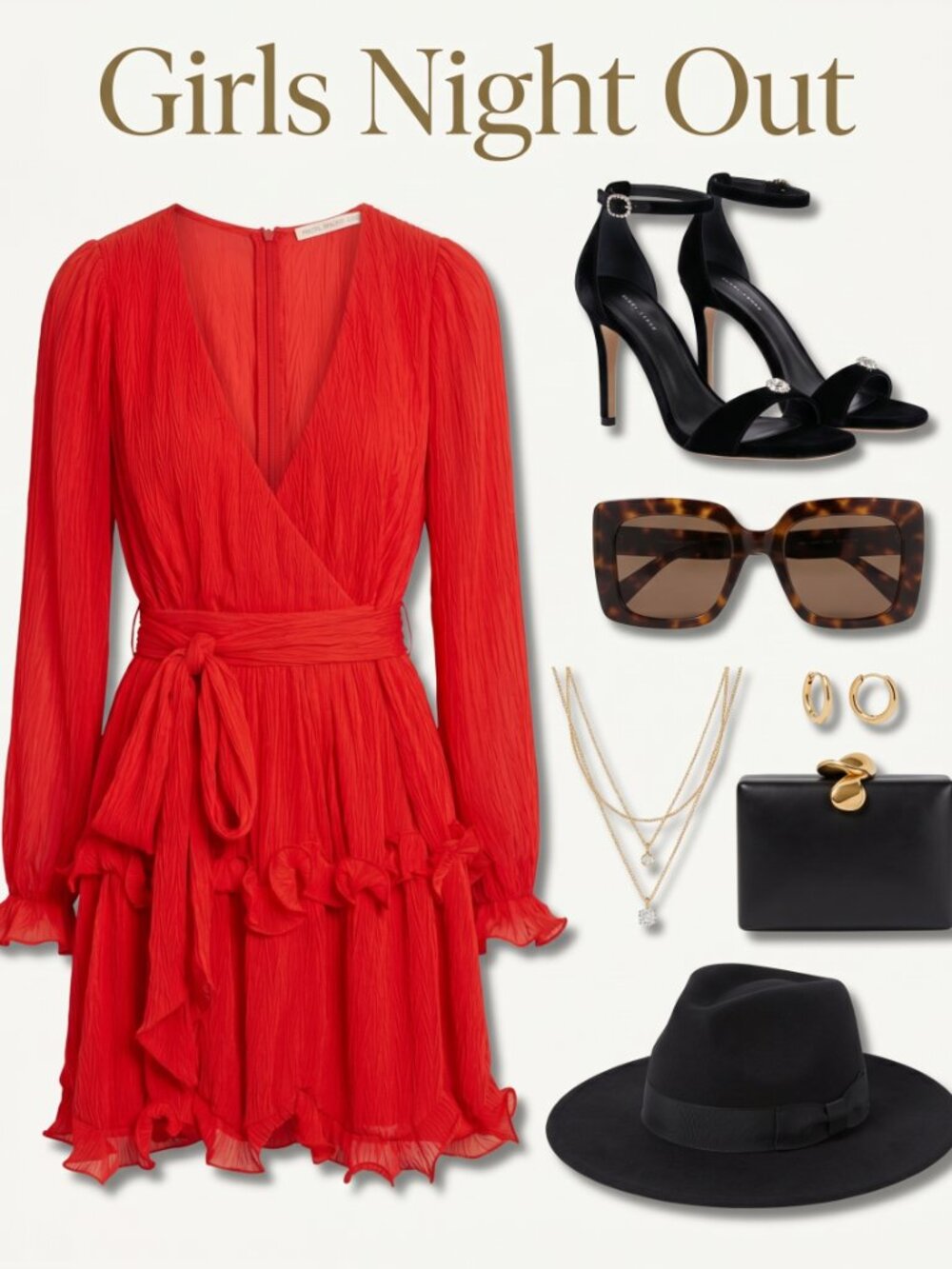 Red Chiffon Wrap Mini Dress — Long Sleeve Ruffle & Tie Waist